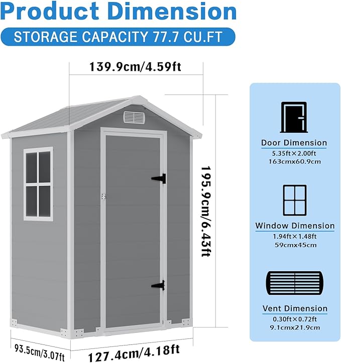 4x3 FT Outdoor Storage Shed, Resin Shed with Sloped Roof and Rain Holes, Storage Shed with Lockable Door and Transport Ramp, with Window＆Vent,Suitable for Backyard, Garden, Patio, Lawn, Gray
