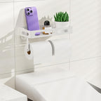 White Paper Towel Holder Wall Mount with Shelf - Adhesive Hand Towel Rack, Space-Saving for Bathroom, Kitchen, RV Camper