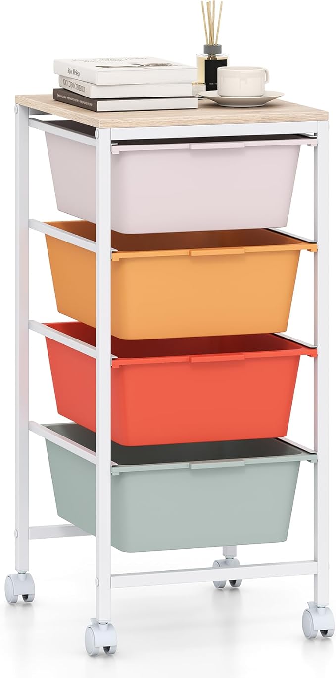 GOFLAME 4-Drawer Rolling Storage Cart, Craft Storage Cart with Wooden Tabletop and Lockable Wheels, Art Cart Supply Storage Organizer with Metal Frame for Home Office Classroom, Macaron Color