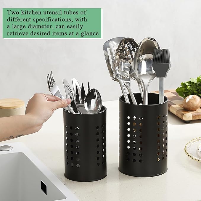 Berglander Kitchen Utensils Holder for Counter Top 2 Pieces, Black Stainless Steel Cutlery Holder, Kitchen Essentials Farmhouse Style Home Countertop Organizer