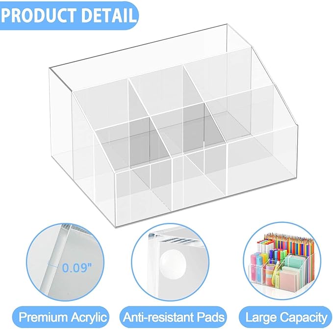 VITVITI Acrylic Pen Holder, Clear Desk Organizer, Pen Organizer for Desk, 7 Compartments Pencil Holder, Desktop Stationery Organizer for Office Storage/School/Home/Art Supplies