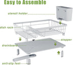 Dish Drainer Rack with Drip Tray, Sink Dish Drainer with Drainage Spout, Stainless Steel Dish Drying Rack with Cups, Utensil & Cutting Board Holders for Kitchen Counter Space-Saving, Grey