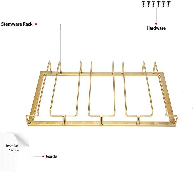 Wine Glass Rack - Under Cabinet Stemware Wine Glass Holder Glasses Storage Hanger 2 Pack Metal Organizer for Bar Kitchen Gold