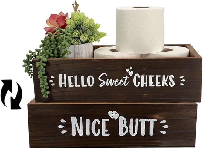 Admired by Nature Hello Sweet Cheeks Solid Wood Toilet Paper Holder, Farmhouse Décor, Toilet Paper Storage, Bathroom Accessories, Bathroom Décor, for Home Décor Bathroom Organizer (Brown)