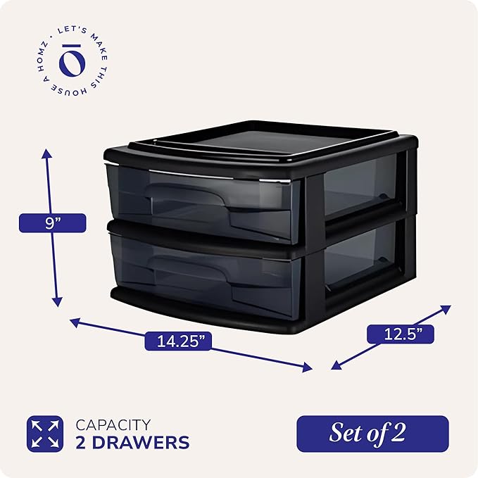 HOMZ 2-Pack 2-Drawer Storage Cart, Plastic Drawers w/Smoke Tint, 14.25" Wide Medium, Black Frame - Organizing Drawer Containers for Home, Bathroom, Bedroom, Office, and Classroom