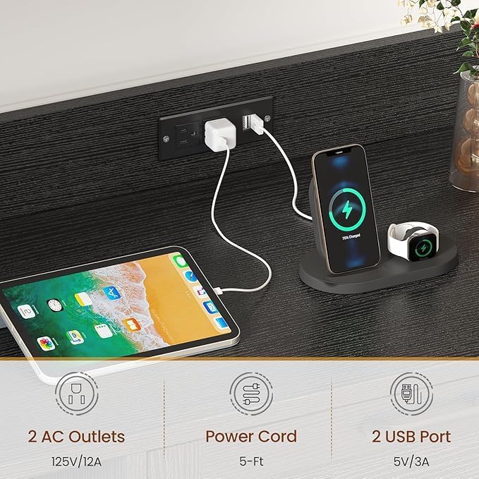 SEDETA File Cabinet with Charging Station, Vertical Filing Cabinet with Lock for Home Office, Printer Stand with Open Storage Shelf, Fits Legal/Letter/A4 Size, Black