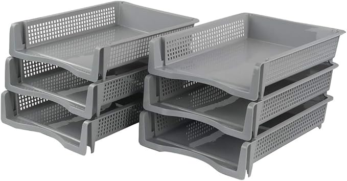6-Pack Gray Plastic Stackable Paper Letter Tray, Stacking Document Trays