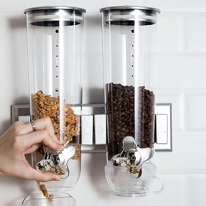 101oz Wall Mount Dry Goods Dispenser, Double-bucket Dry Cereal Dispenser Grain Dispenser Grid Grain Storage Bin Kitchen Storage Organizer, Dry Food Cereal Dispenser For Food Nuts Flour Maker (Black)