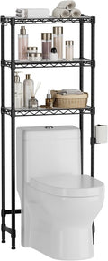 3-Tier Over The Toilet Storage Shelf,Heavy Duty Adjustable Metal Bathroom Rack with Toilet Paper Holder & Hooks,Space-Saving Organizer for Bathroom,10”D x 24”W x 66”H,Black