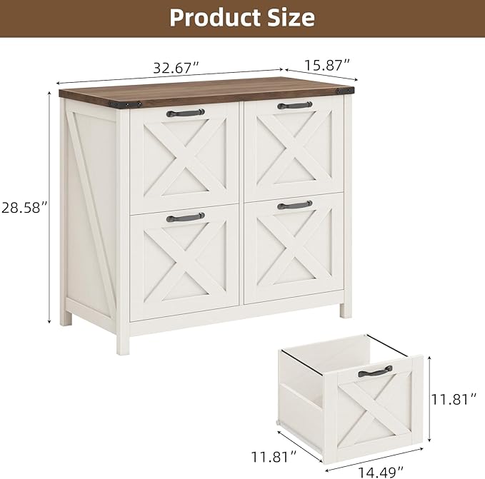 Lateral File Cabinet with 4 Drawers, Farmhouse File Cabinet for Letter/A4 Size Hanging Files, Large Wood File Storage Cabinets Printer Stand for Home Office Cabinets, Rustic White and Brown