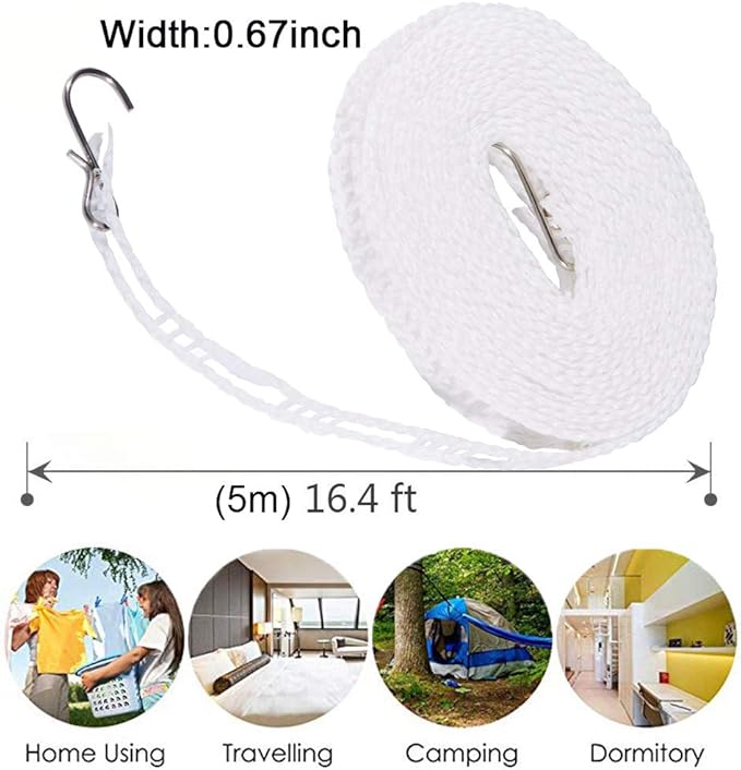 Clothesline 5m 1.64ft Length 2 Pack Camping Red White Clothes Drying Rope Portable Windproof Travel for Indoor Outdoor Laundry