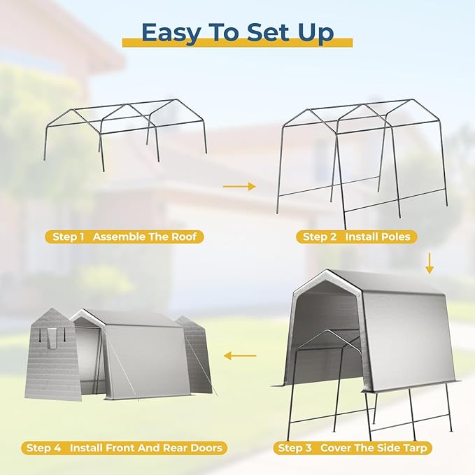 7 x 10 FT Carport, Portable Shed w/220G Heavy Duty Waterproof PE Tarp, Roll-up Zipper Door & Vent, Weather-Resistant Storage Shed for Motorcycle, Bike and Tools, Gray
