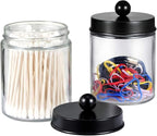 Amolliar Apothecary Jars Bathroom Storage Organizer - Cute Qtip Dispenser Holder Vanity Canister Jar Glass with Lid for Cotton Swabs,Rounds,Bath Salts,Makeup Sponges,Hair Accessories/Black（2 Pack）