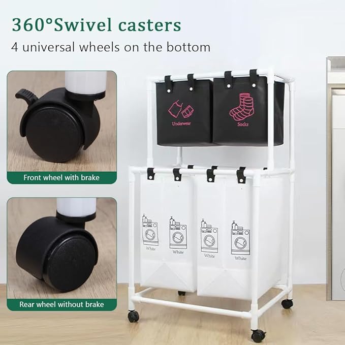 2-Tier Laundry Sorter Basket with Wheels 4 Sections Removable Hamper Organizer for Dirty Clothes Bathroom Cloakroom