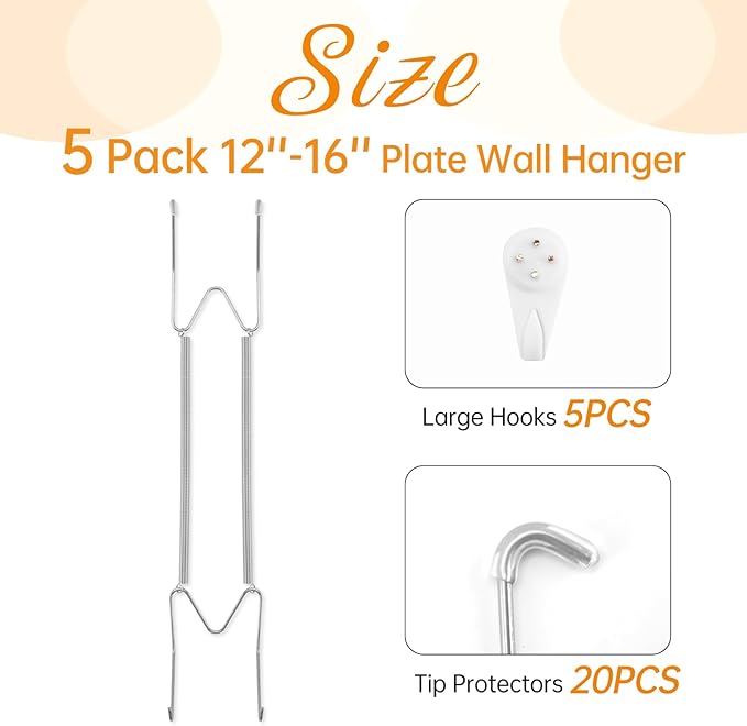 5 Pack Plate Hangers for The Wall, Suitable for 12-16 inch Art Plate, Stainless Steel Invisible Heavy Duty Wire Plate Holder with Wall Hooks, Plate Hangers for Displaying Plates, Platter, Dish, Silver
