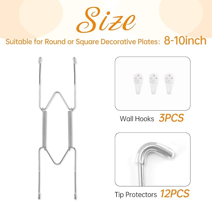Bilillo 3 Pack Plate Hangers for The Wall, Suitable for 8-10 inch Art Plate, Stainless Steel Invisible Heavy Duty Wire Plate Holder with Wall Hooks, Plate Hangers for Displaying Plates, Silver