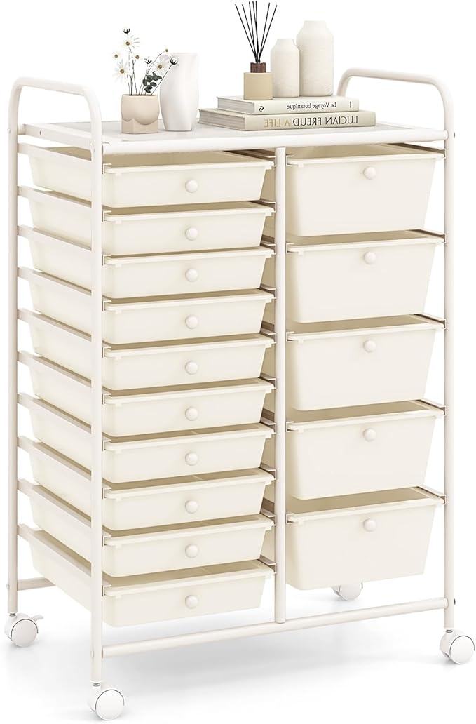 RELAX4LIFE 15-Drawer Storage Drawer Carts - Mobile Rolling Utility Cart w/Wheels, Craft Organizer for Classroom Organization and Storage, School, Office, Home, Storage Organizer Cart (White)