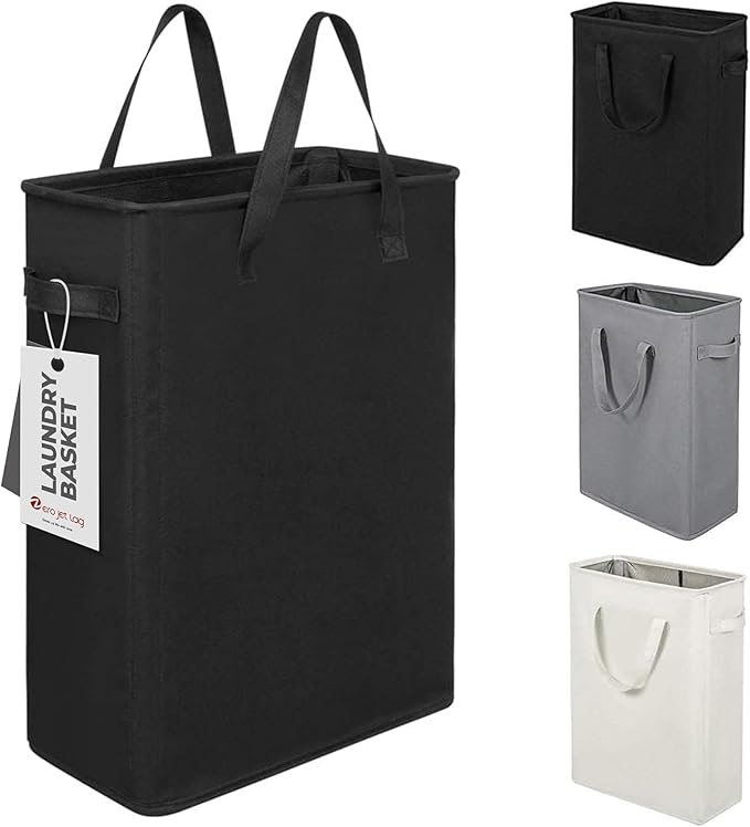 ZERO JET LAG Slim Laundry Hamper With Handles Collapsible Laundry Basket Thin Dirty Clothes Basket Narrow Laundry Bag Foldable Dirty Clothes Hamper 45L (23 inches,Black)