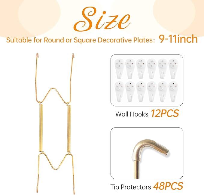 Bilillo 12 Pack Plate Hangers for The Wall, Suitable for 9-11 inch Art Plate, Stainless Steel Invisible Heavy Duty Wire Plate Holder with Wall Hooks, Plate Hangers for Displaying Plates