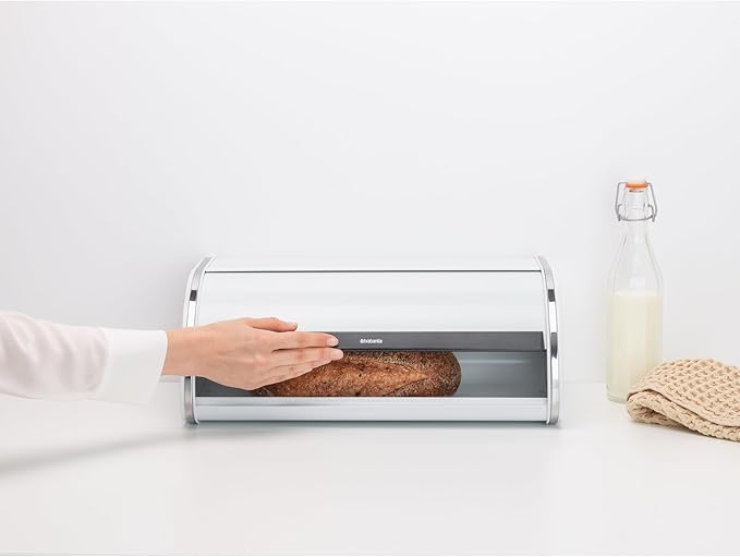 Brabantia Roll Top Bread Box | Large | White | Metal Front Opening Bread Store for Kitchen Countertop | Partly Flat Top for Extra Storage, Magnet Closing Lid | Fits 2 Loaves