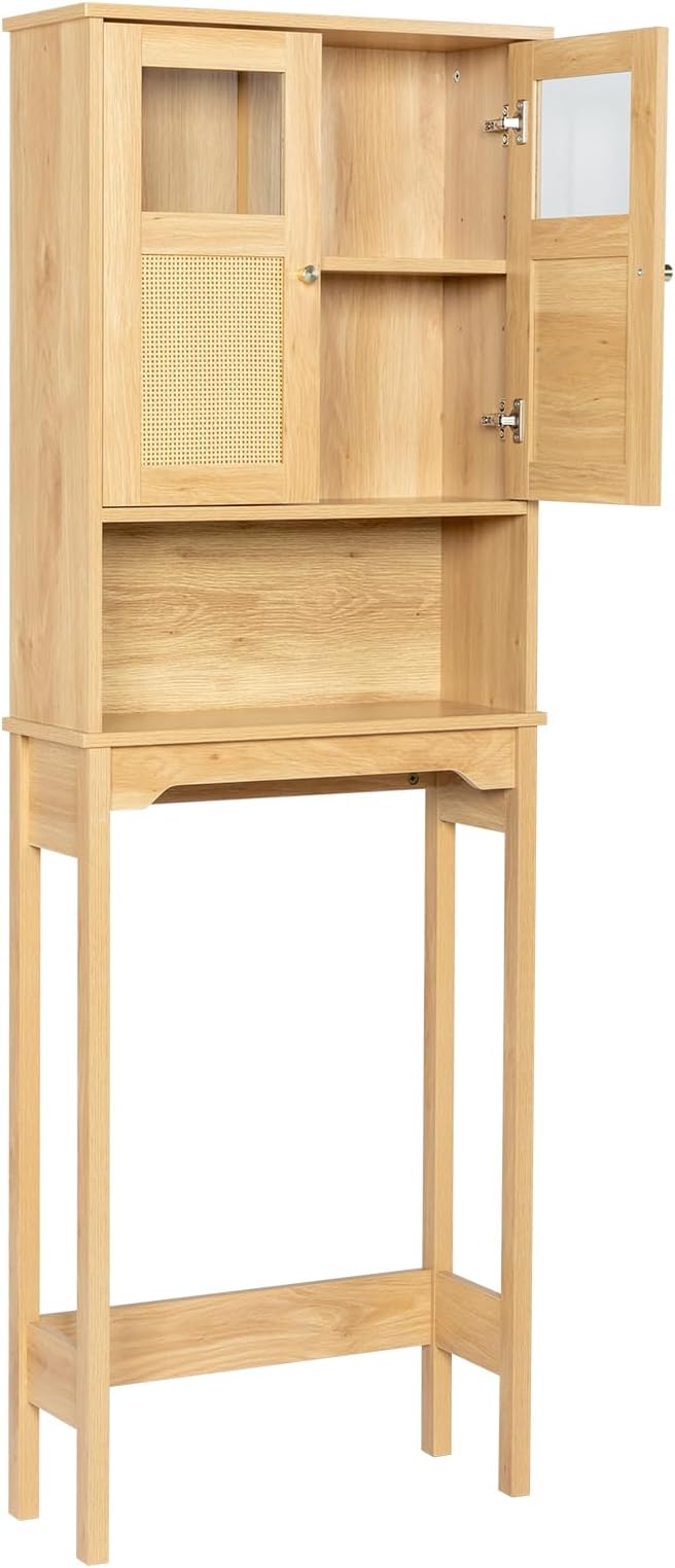 Karl home Over The Toilet Storage Cabinet Bathroom Organizer Over Toilet Free Standing Above Toilet Rack with Adjustable Shelf, Open Shelf, Acrylic Glass Doors, Wood