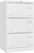 3 Drawer Lateral File Cabinet with Lock and Card Holder, Multifunctional Metal Filing Cabinets w/Heavy 3 Section Slide Rail & Breathable Holes,for Legal/Letter/A4,White