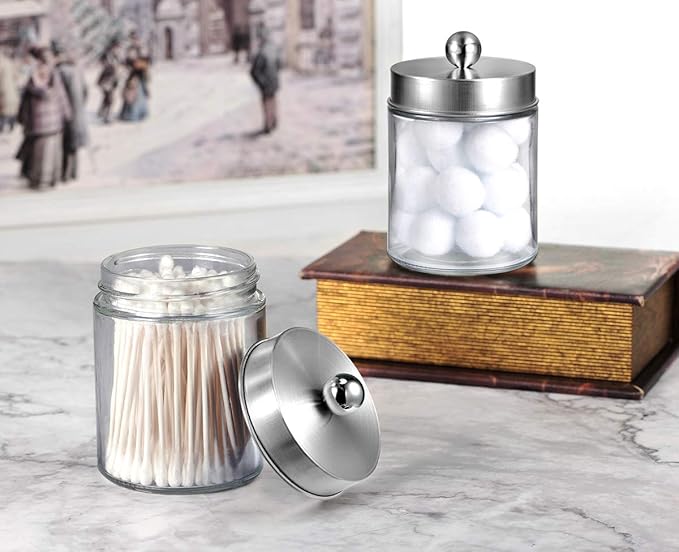Amolliar Apothecary Jars Bathroom Vanity Organizer -Countertop Canister Jar with Storage Lid - Qtip Dispenser Holder Glass for Qtips,Cotton Swabs,Makeup Sponges,Hair Band - Brushed Nickel (2 Pack)