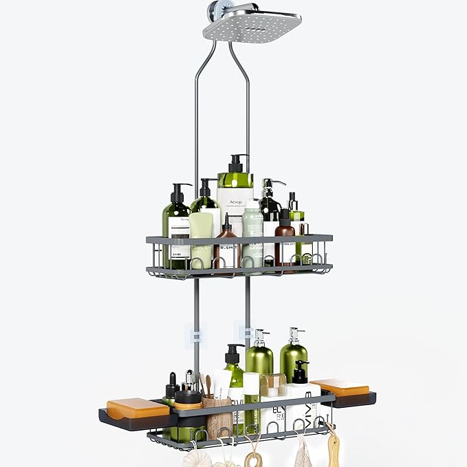 Shower Caddy Hanging: Adjustable Height Organizer for Over Showerhead - Rustproof Shower Shelves with Hooks & 2 Soap Holders