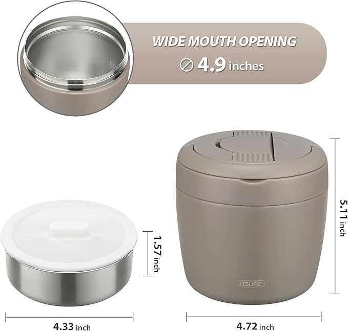 Itslife 32oz Insulated Soup Thermos, Vacuum Stainless Steel Food Jar for Hot & Cold Food, Leakproof Wide Mouth Lunch Container with Spoon, Khaki