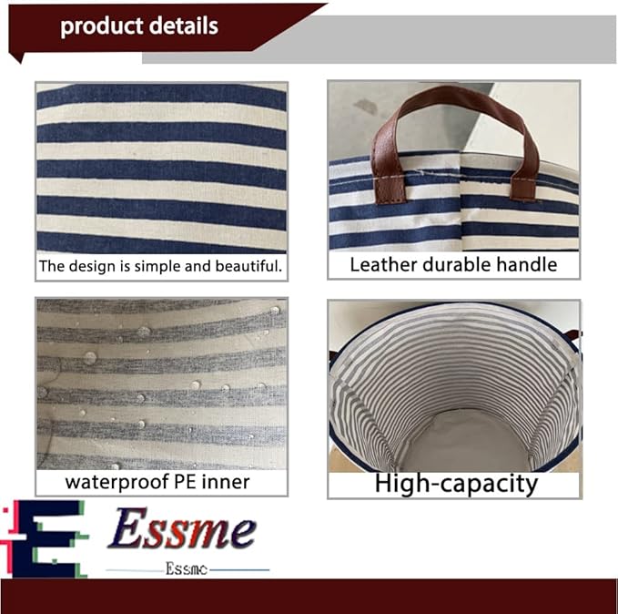 ESSME 2pack Kids Laundry Hamper,Boys laundry basket,Collapsible Bule storage basket with Waterproof PE Coating,Canvas Fabric Nursery Hamper for Kids Room Decor,Toy storage,Gift,Baby Clothing.(2pack Navy Blue stripes)