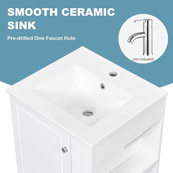 20 in Small Bathroom Vanity with Sink,Drawer,Doors and Side Storage & Toilet Paper Holder, Solid Wood & MDF Modern Single Bathroom Sink Cabinet with Drawers,Freestanding (White,20 in)
