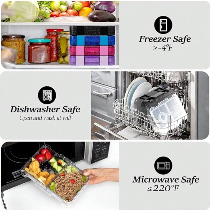 Bento Lunch Box for Kids, Plastic Lunch Box Case, 5/6 Tritan Compartments, BPA free, deal Portion Sizes for On-the-Go Meal, Shiny Black and Clear