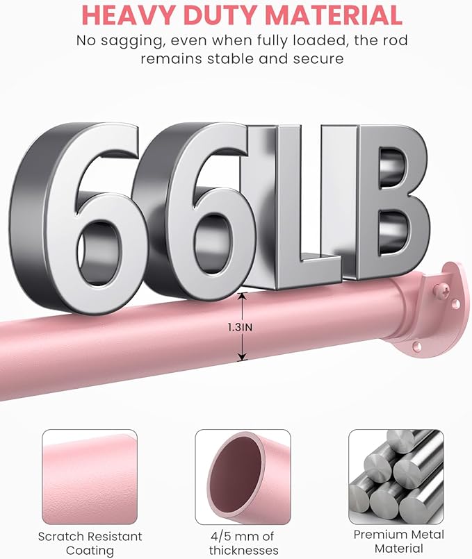 Closet Rods for Hanging Clothes, 17 to 84 Inches Stepless Adjustable Metal Closet Rod, 1.3 Inches Heavy Duty Clothes Hanging Rod for Closet Wardrobes Laundry RV, Pink