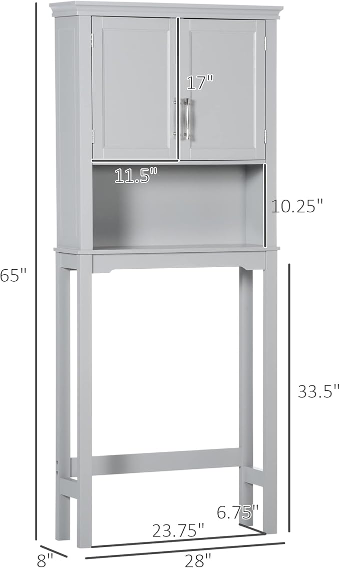 kleankin Modern Over The Toilet Storage Cabinet, Double Door Bathroom Organizer with Inner Adjustable Shelf and Open Shelf, Grey