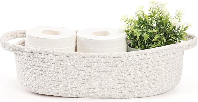 Small Toilet Paper Basket Woven Rope Toilet Tank Tray Back of Washroom Basket Organizer for Bathroom,Shelf Bedroom, Living Room, Nursery, RV. 12.6"L x 6"W,White