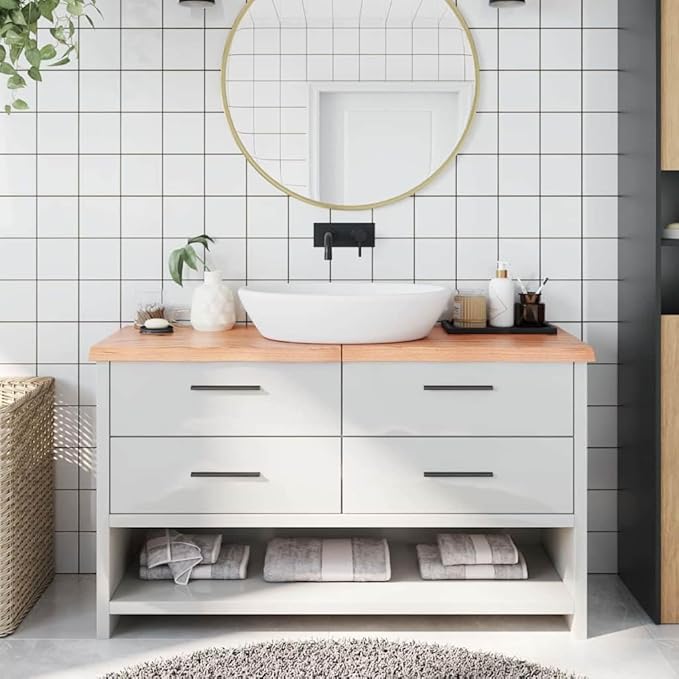 vidaXL Bathroom Countertop - Versatile Solid Oak Wood, Ready-to-use Varnished Finish, Light Brown, 55.1"x15.7"x(0.8"-1.6"), Handmade Live Edge Desk/Table/Shelf/Cabinet Top