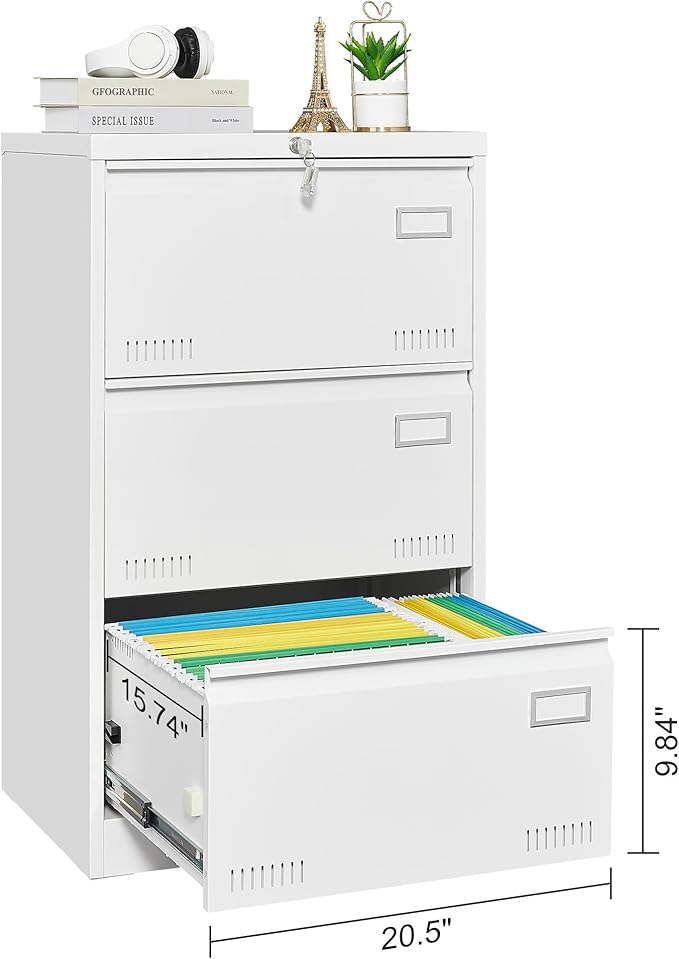 3 Drawer Lateral File Cabinet with Lock and Card Holder, Multifunctional Metal Filing Cabinets w/Heavy 3 Section Slide Rail & Breathable Holes,for Legal/Letter/A4,White