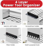 4 Layers Power Tool Organizer Wall Mount with Power Strip, Heavy Duty Metal Tool Shelf, 400lbs Capacity for Cordless Drills, Batteries & Garage Storage (8 Slots with 8 Outlets Power Strip)
