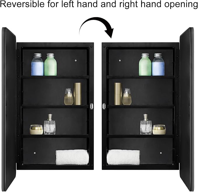 Fundin Black Plastic Medicine Cabinet, Mirror Door with Round Corner Metal Frame, Recessed and Surface Mount Bathroom Wall Medicine Cabinet, 16 x 28 inch Mirror Size