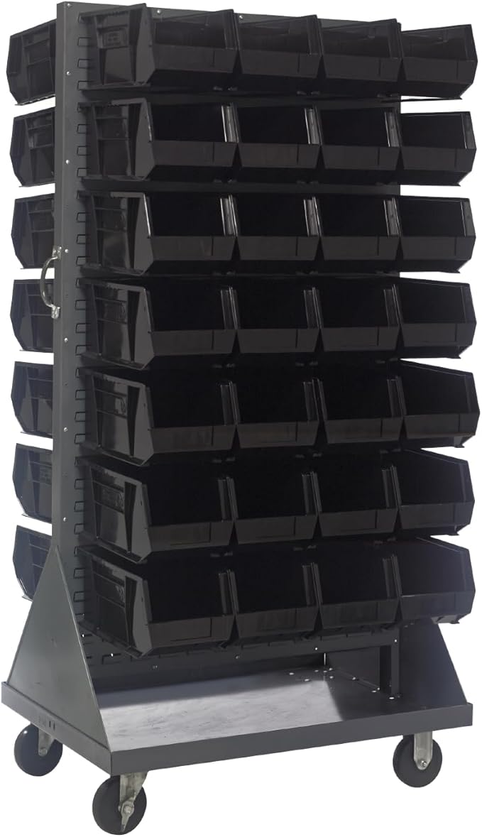 Quantum Storage Systems QMD-36H-240BK Mobile Double Sided Gray Louvered Rack System with Bins, 36” L x 25” W 72” H, Black