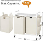 WOWLIVE Double Laundry Hamper with Lid,Rolling Laundry Basket Organizer with Wheels, Iron-Made Laundry Sorter with Top Shelf and 2 Removable Bags,Large Clothes Storage for Room,White