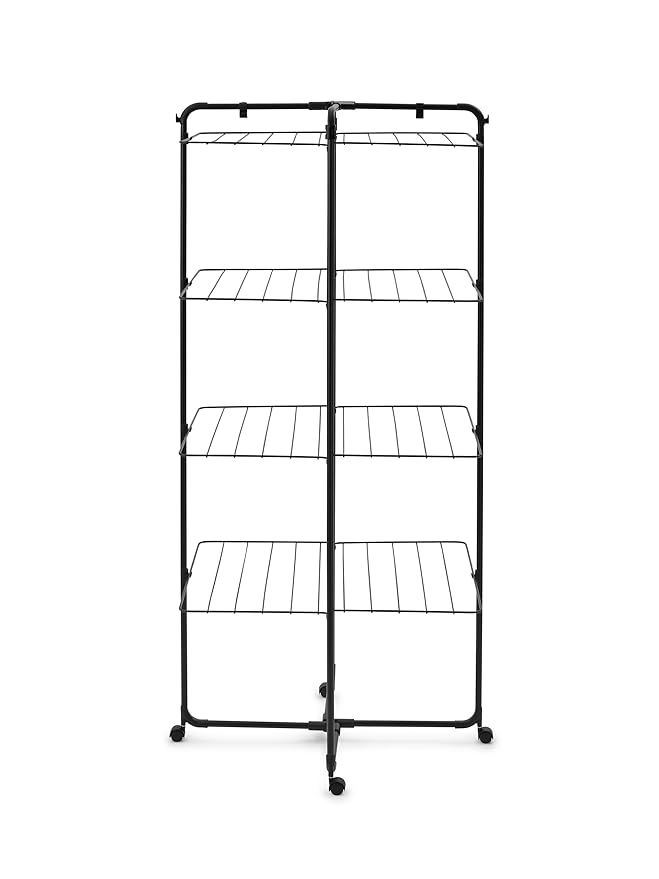 Brabantia HangOn Tower Clothes Drying Rack with Wheels | 98ft (30m) | Matt Black | Tall 3-Tier Indoor Clothes Airer with Adjustable Shelves for Towels, Folds Flat to Save Space | Fits 3 Full Loads