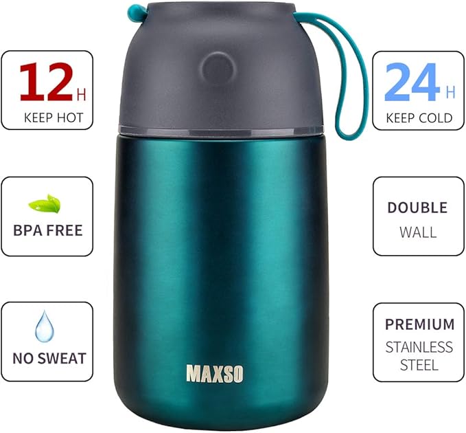 MAXSO Soup Thermo for Hot & Cold Food for Adults Kids, 17 oz Vacuum Insulated Steel Lunch Container Bento Box with Spoon, Leakproof Thermal Food Jar for School Office Travel - Green
