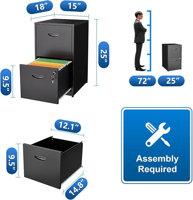 2 Drawer File Cabinet with Lock, Metal File Cabinets for Home Office, Two Drawer Locking Filing Cabinet, Small File Cabinet for Under Desk for Hanging Letter Size, Black, Assembly Required