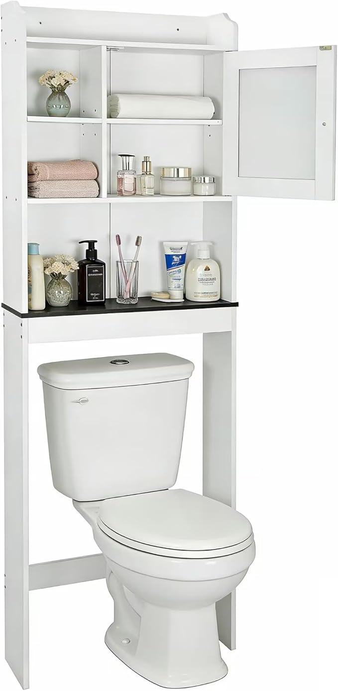 ZENY Over The Toilet Storage Cabinet, Bathroom Organizer with Adjustable Shelf and Double Doors, Freestanding Bathroom Space Saver Toilet Rack (White)