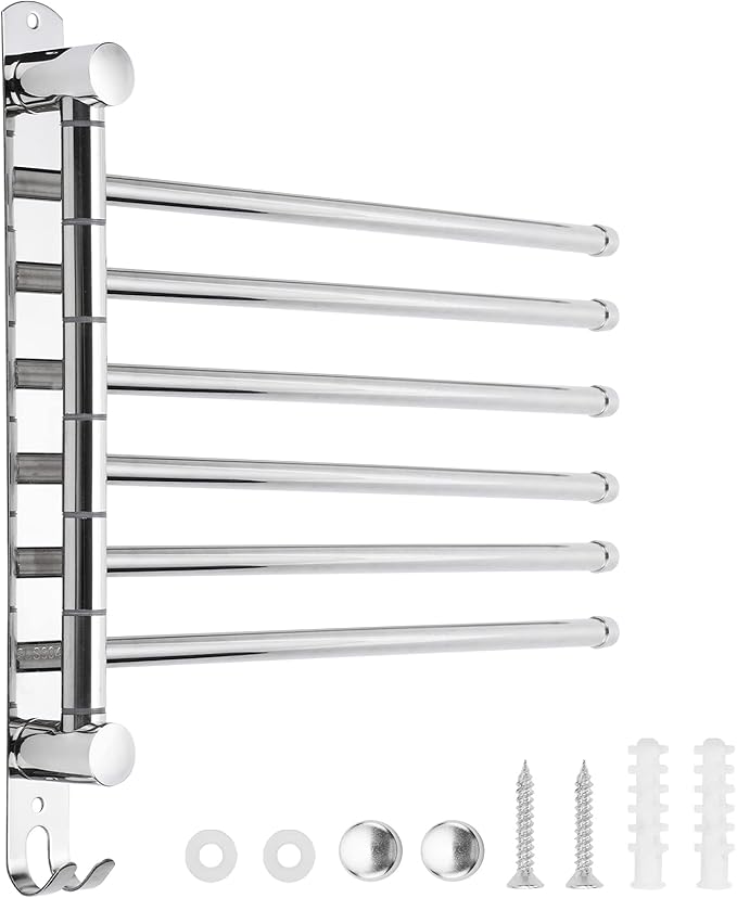6 - Arm Stainless Steel Swivel Towel Rack with Hook: Wall - Mounted, Rustproof Space - Saver for Bathroom & Kitchen - 180° Rotation, 14kg Capacity