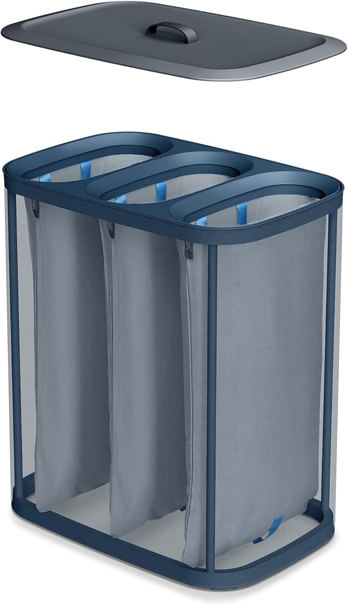 Joseph Joseph Tota Trio 90 liter/23.8 gallon Laundry Hamper Separation Basket with lid, 3 Removable Washing Bags with Handles- Dark Blue