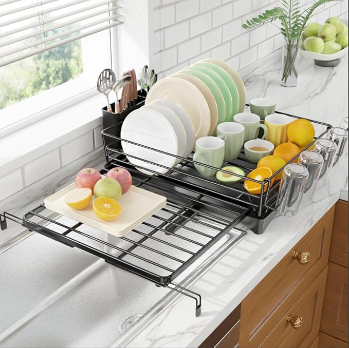 Expandable Dish Drying Rack for Kitchen Counter, Large Capacity Dish Drainer with Utensil Holder & Drip Tray, Space Saving Organizer (12.7"-21.7" x 17"), Black