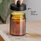 Amolliar Amber Glass Qtip Holder, Apothecary Jars with Matte Black Metal Lid & Stickers-Bathroom Qtip Dispenser Storage Organizer Set,Vanity Counter Canister for Cotton Swabs,Round Pads,Floss (2 Pack)