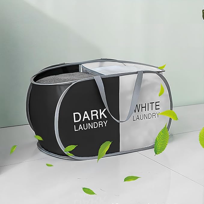 Pop Up Laundry Hamper 2 Section, Collapsible Laundry Basket with Carry Handles for Home, Laundry Room, Bedroom, Dorm, RV Travel (Black & Beige - 2 Compartments)